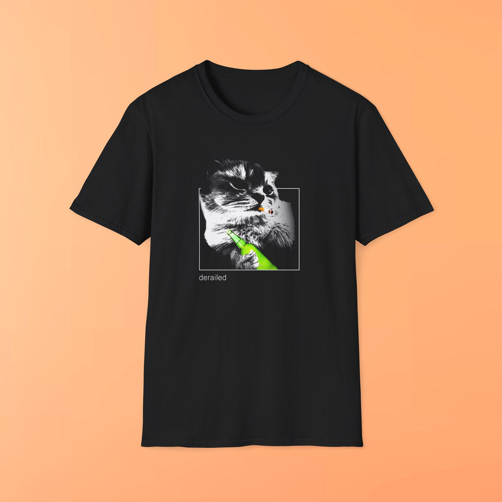 Black t-shirt with a graphic design on an orange background