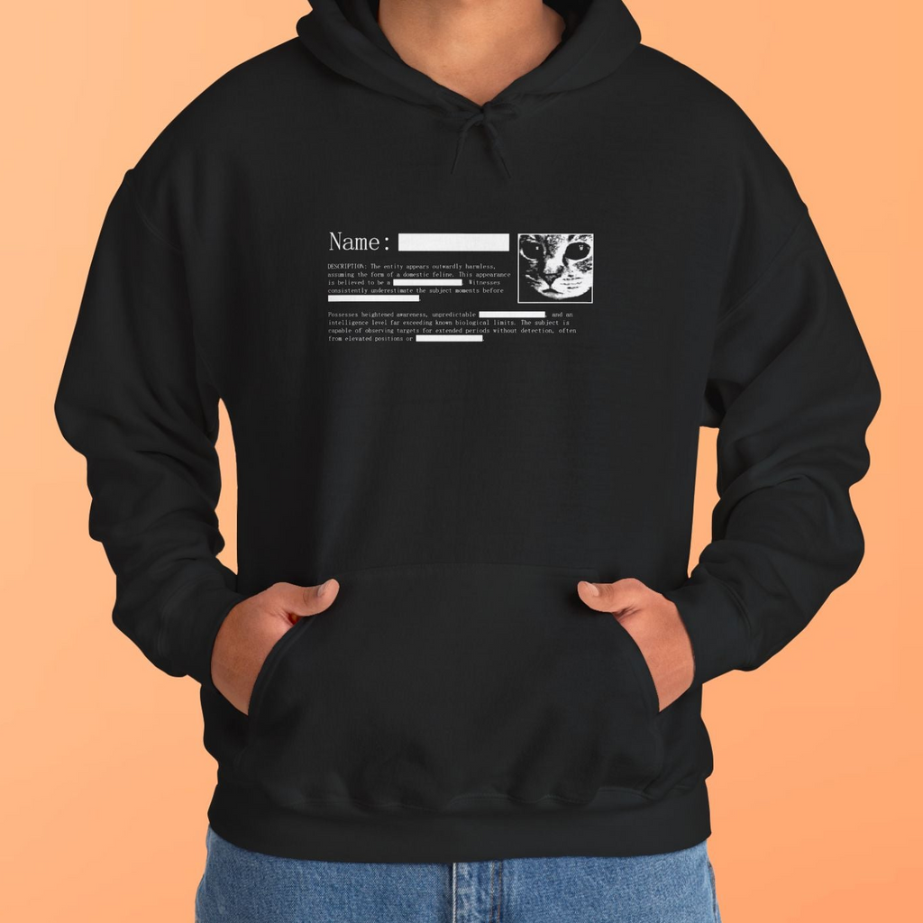 Person wearing a black hoodie with a graphic design on an orange background